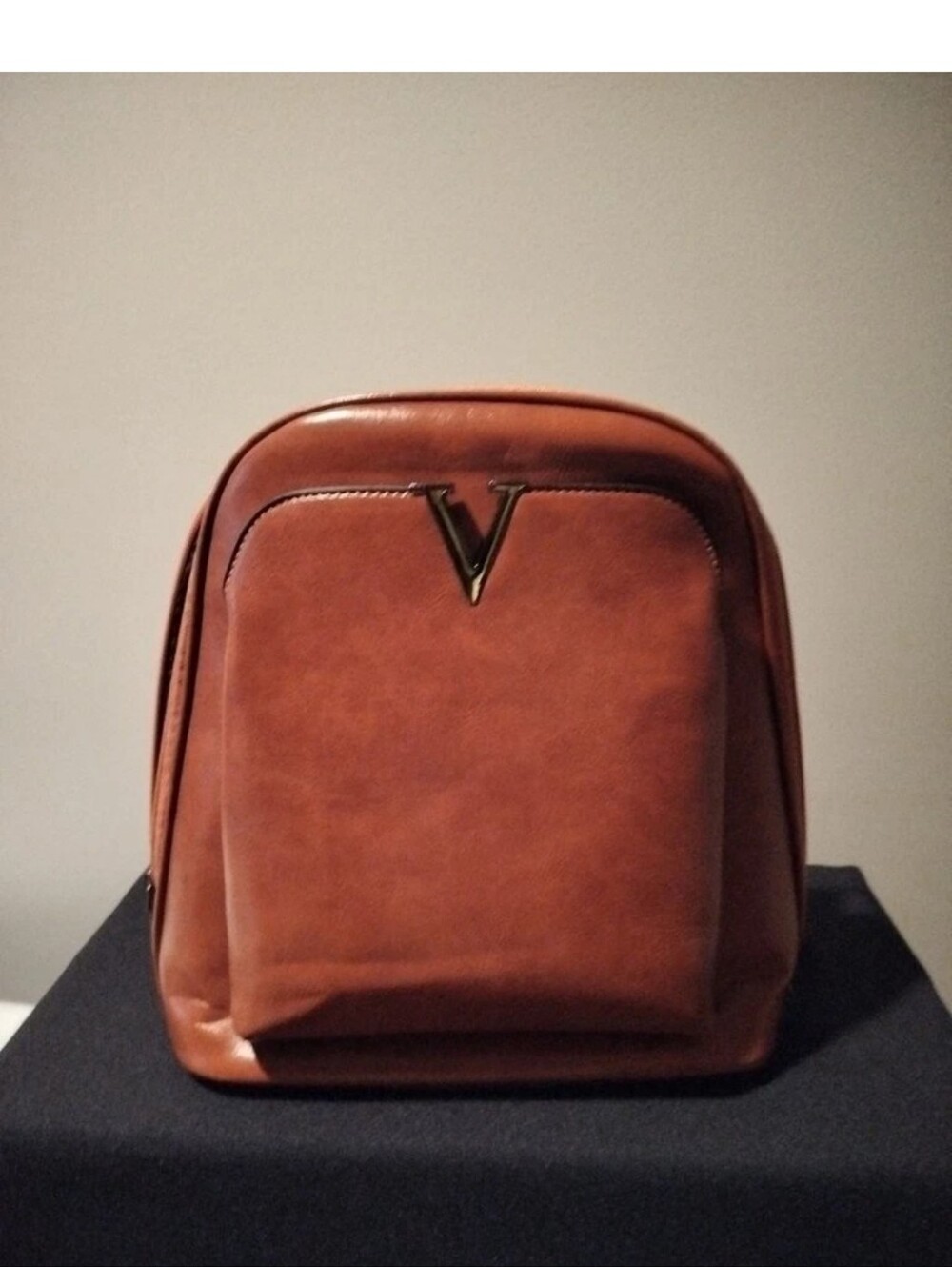 V Logo Brown Leather Women's Backpack NEW